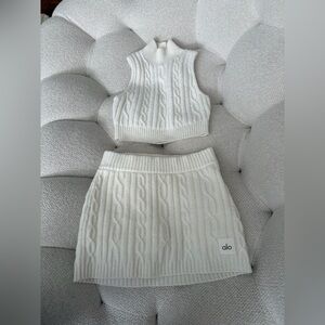 ALO Yoga Cream Winter Bliss Cable Knit Crop Top and Matching Mini Skort